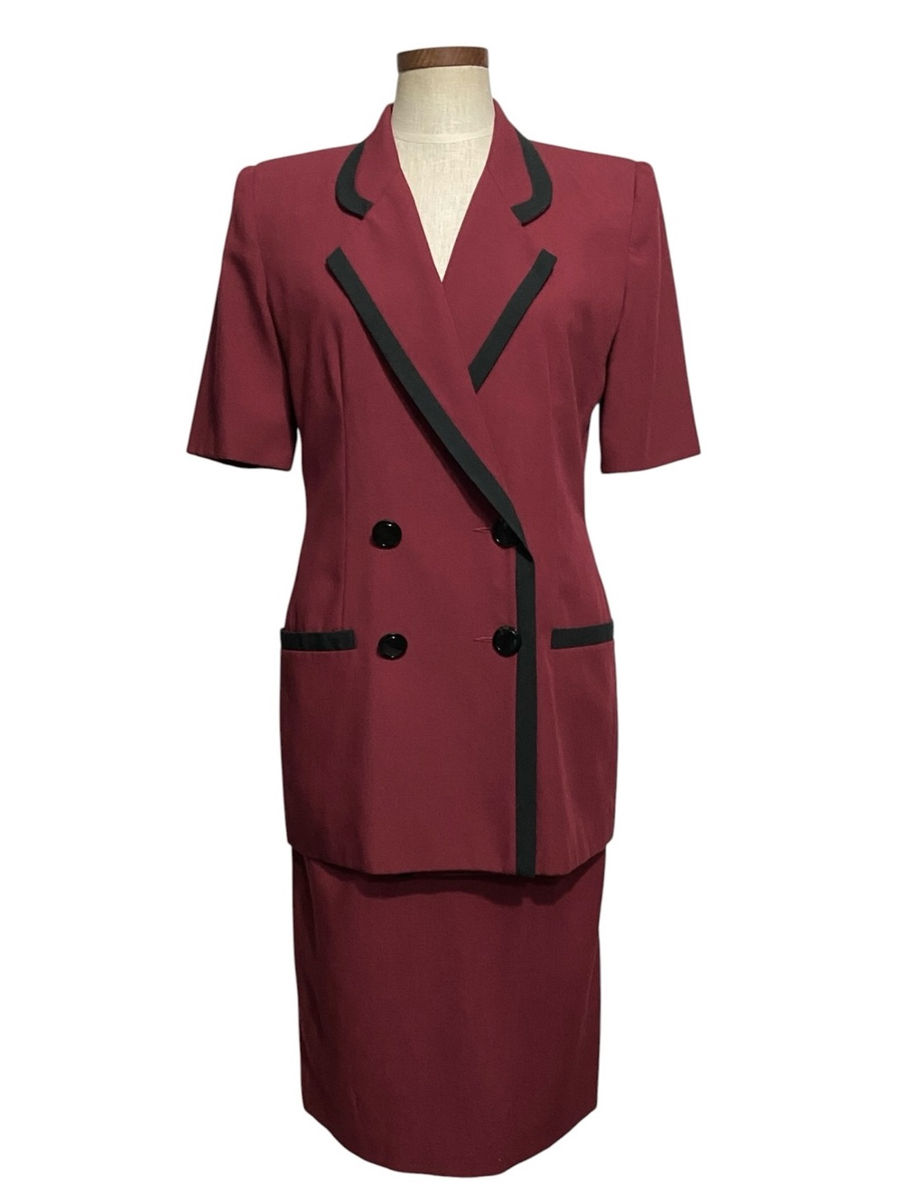 Vintage 80s Oleg Cassini Burgundy With Black Trim Skirt Suit Sz 6